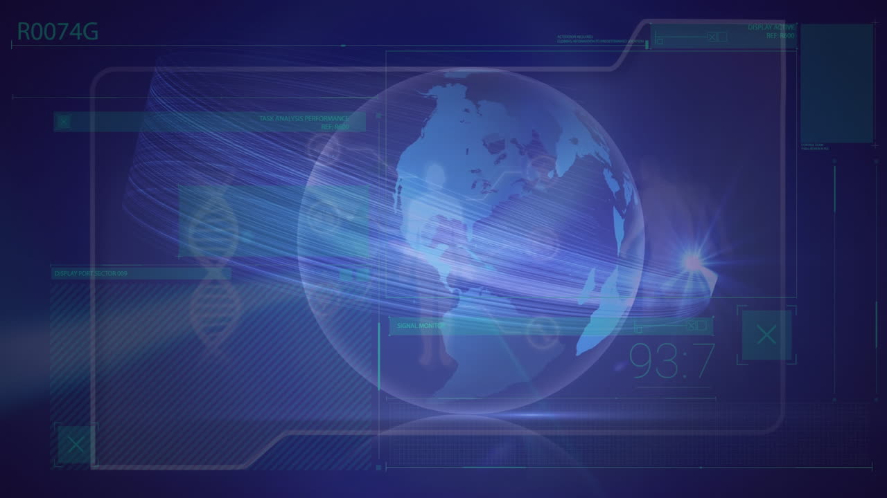Animation of light beam moving around globe with human body, dna on digital interface