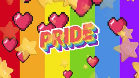 animación del texto del orgullo sobre corazones, estrellas y fondo de arco iris