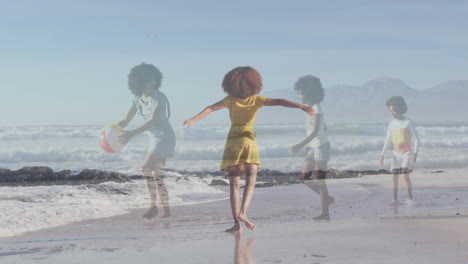 family playing beach ball at sandy shore, featuring animated travel icons and wave graphs