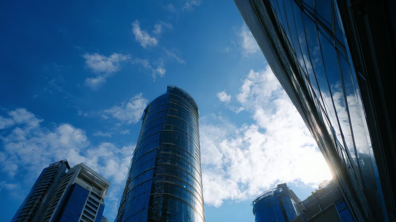 A Captivating View of Modern Skyscrapers Reaching for the Sky, Bathed in Warm Natural Light Under a Vivid Blue Sky with Fluffy Clouds, Emphasizing Architecture and Urban Beauty in a Vibrant Environment