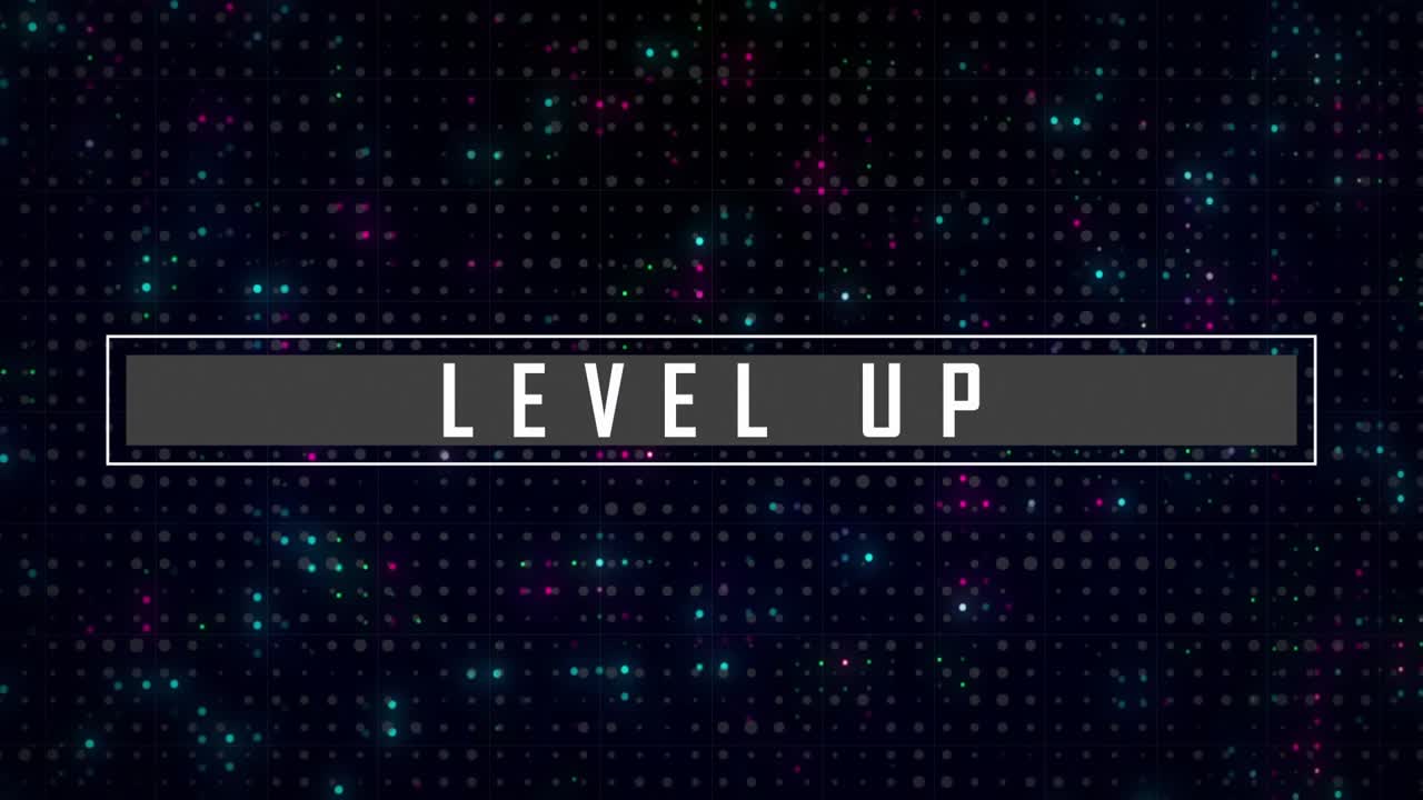 Rectangular Level Up banner glowing in animated illustration, pulsing over dark grid with neon dots