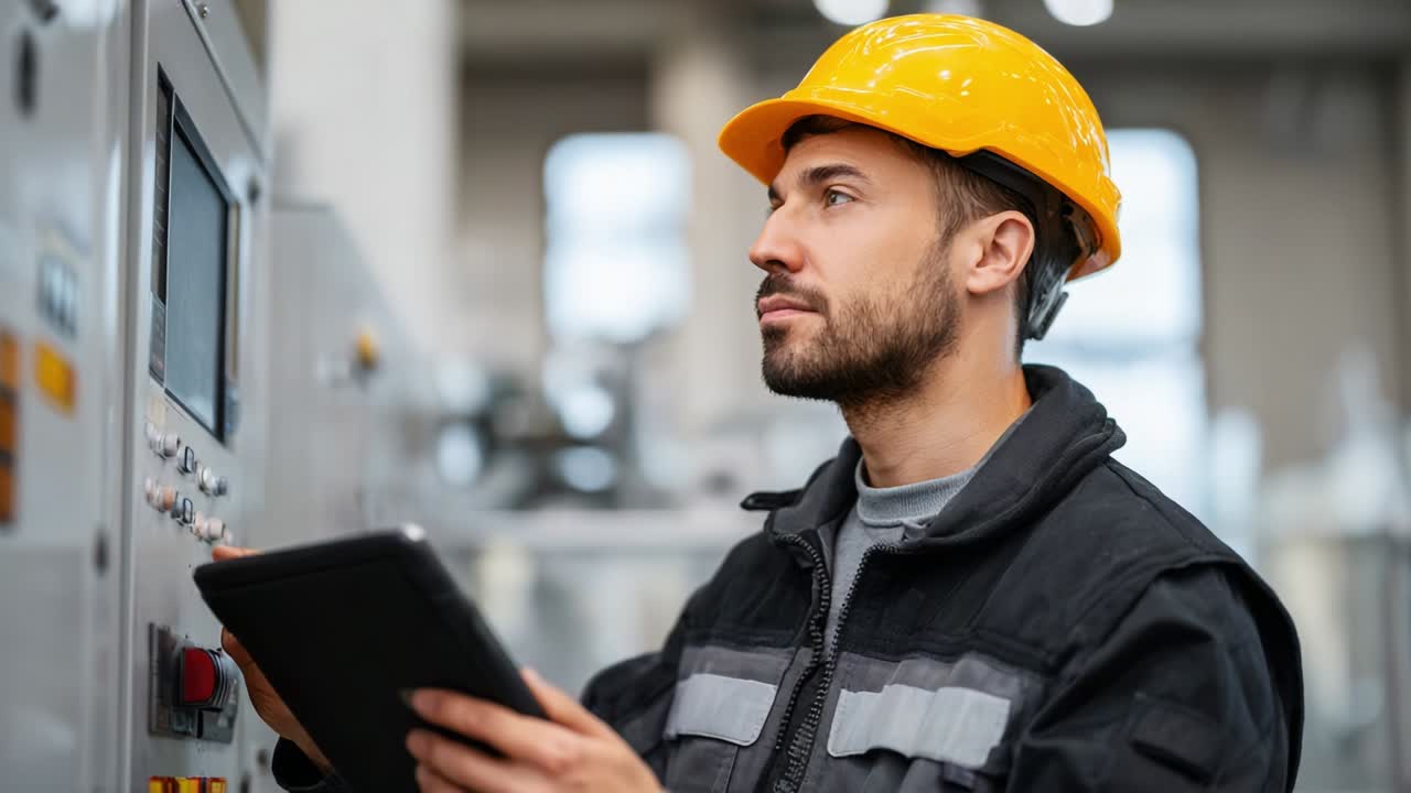 A focused worker in a yellow hard hat utilizes a tablet while operating machinery, demonstrating attention to detail and safety in an industrial setting, ensuring efficient operations and productivity