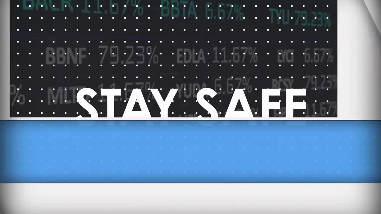 Animation of covid19, stay home and stay safe texts over stock market index background