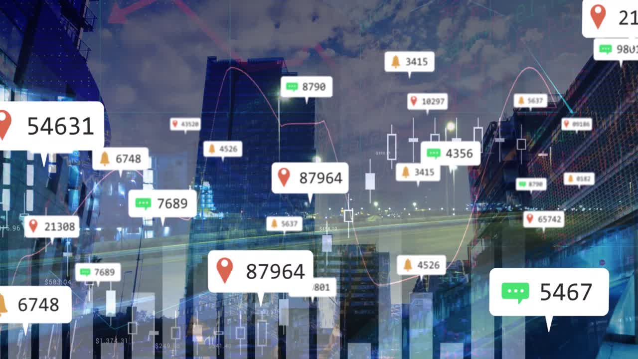 카운터, 다중 그래프, 거리에서 움직이는 차량, 건물의 타임 스 아이콘의 애니메이션