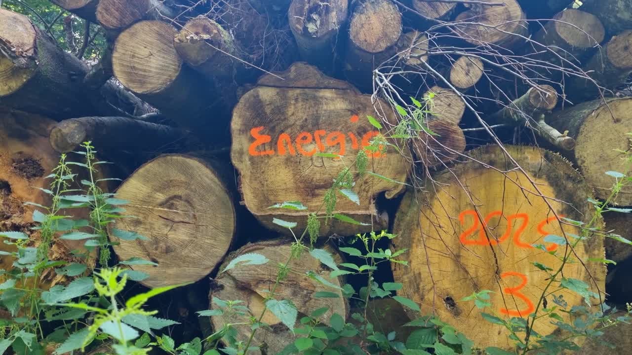 Stacked timber logs in the Bremgarten forest near Bern, Switzerland, with the word ‘Energy’ written on one, symbolizing sustainable wood use and renewable resources