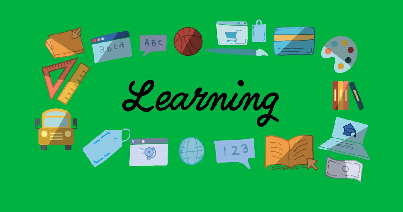 Digital animation of multiple school concept icons against black background