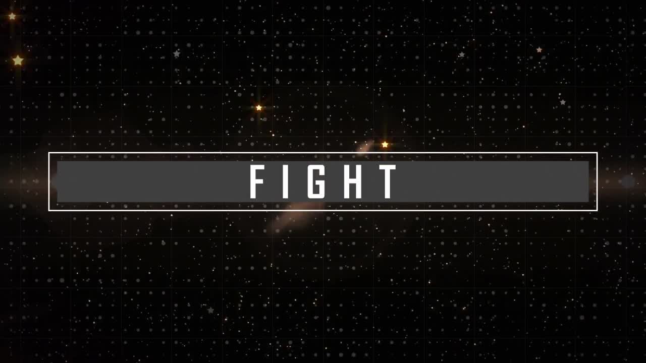 Animazione del testo "Fight" in lettere bianche su stelle gialle luminose e faretti