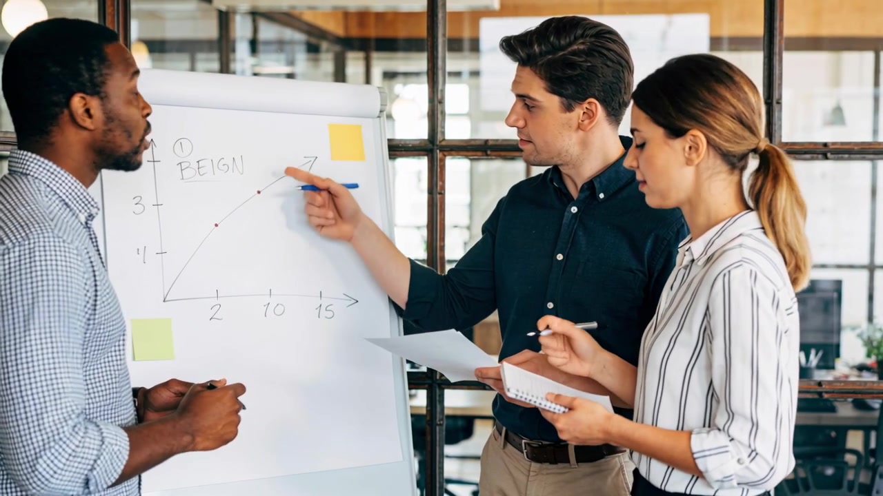 Starting plaid-shirt presenter explaining upward sales graph at office, team pointing at flip chart
