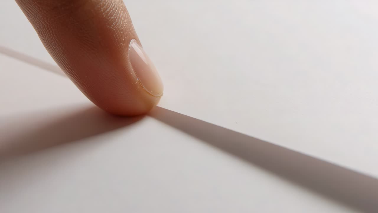 Pressing adult fingertip with short nail flattening and smoothing paper fold on table, soft shadow