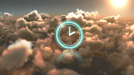 animación de un reloj con manecillas en movimiento sobre un cielo nublado