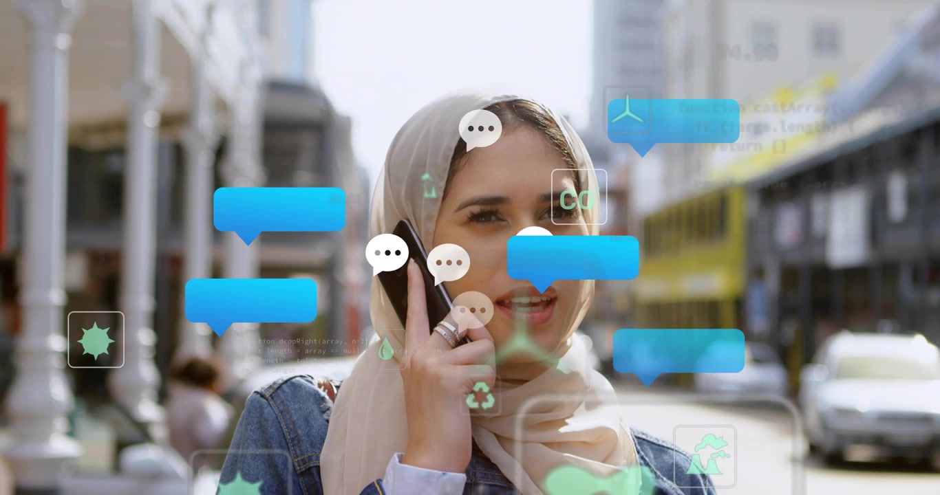 Donna con hijab che parla sullo smartphone con grafica di realtà aumentata