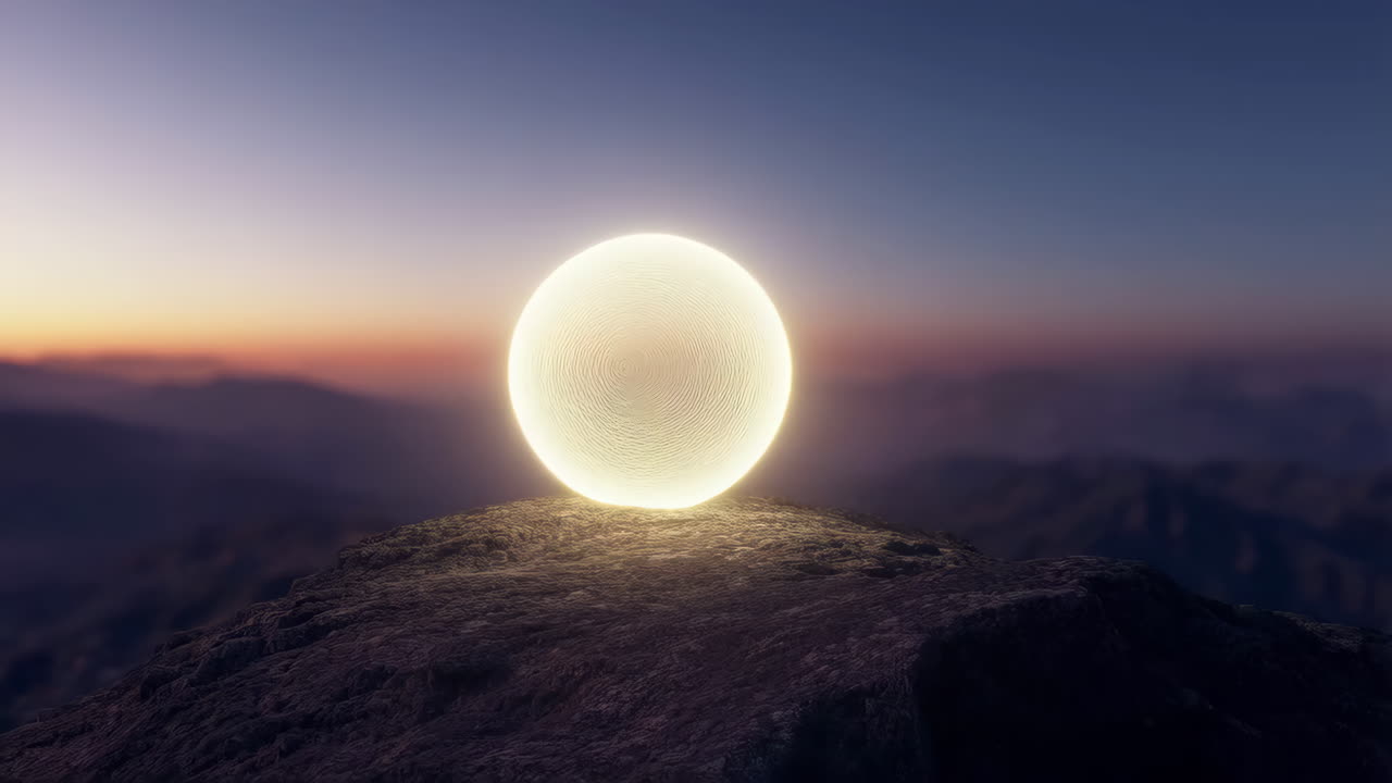 Glowing Orb on a Mountain Peak at Sunset