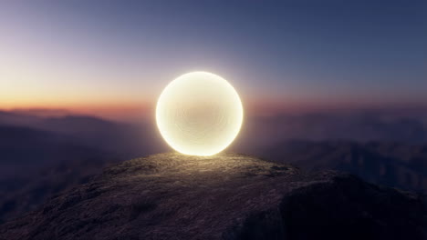 glowing orb on a mountain peak at sunset