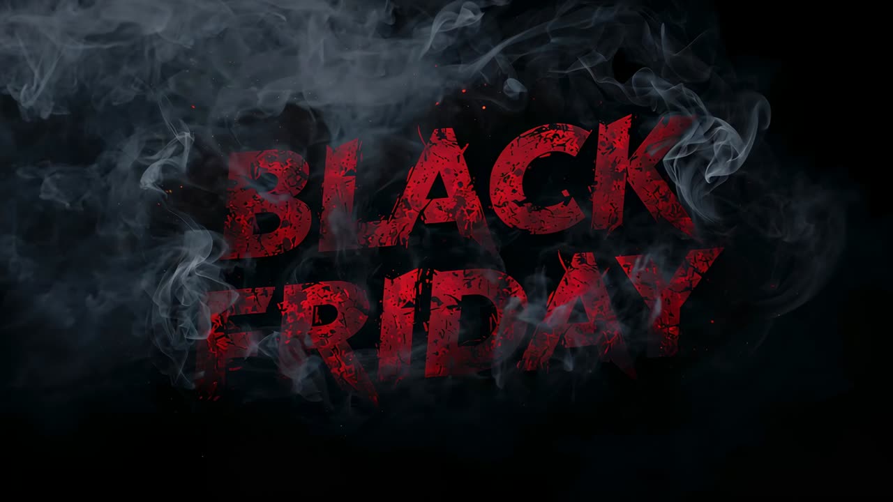 Igniting two-line BLACK FRIDAY title brightening white in studio for promo, with smoke and embers