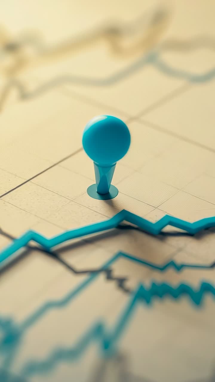 Vertical video: Sliding camera down on desk chart emphasizing rising blue line below teal pushpin