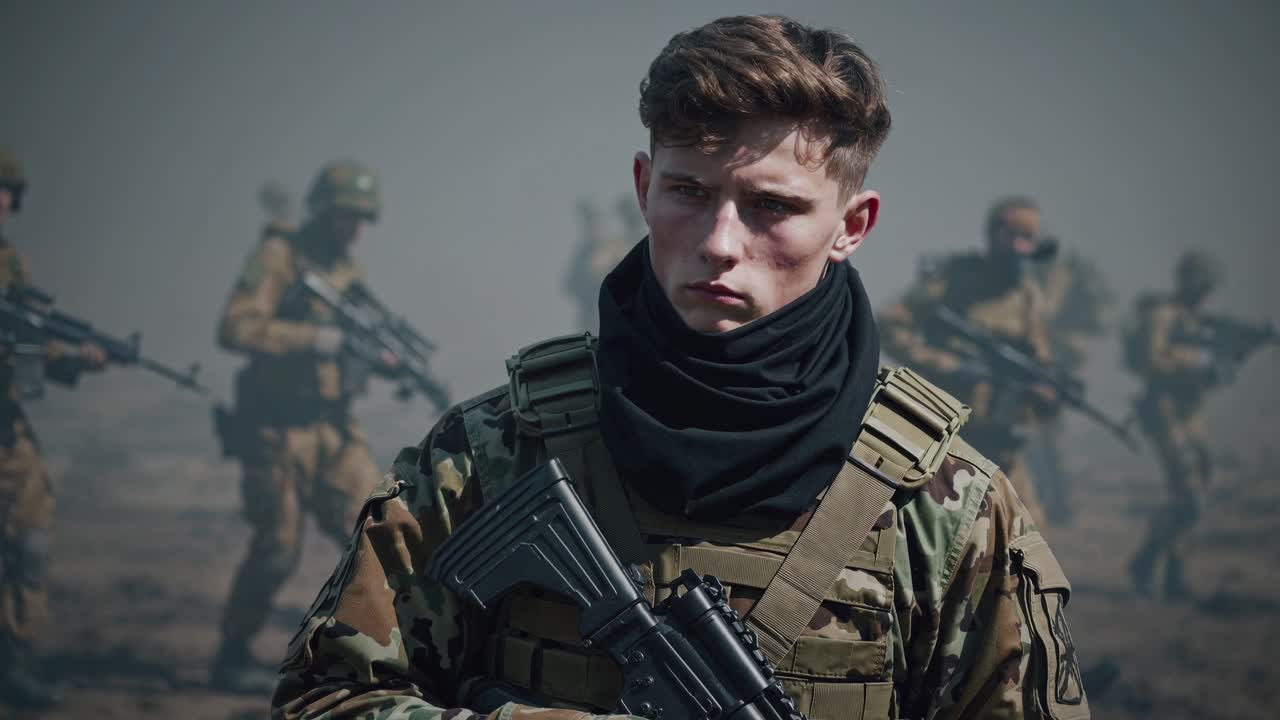 Young soldier stands vigilant, holding a rifle, with other soldiers maneuvering in the background during a military operation in a dusty, smoky environment