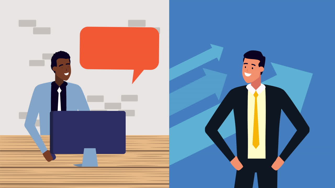interracial businessmen using computer in the office animation