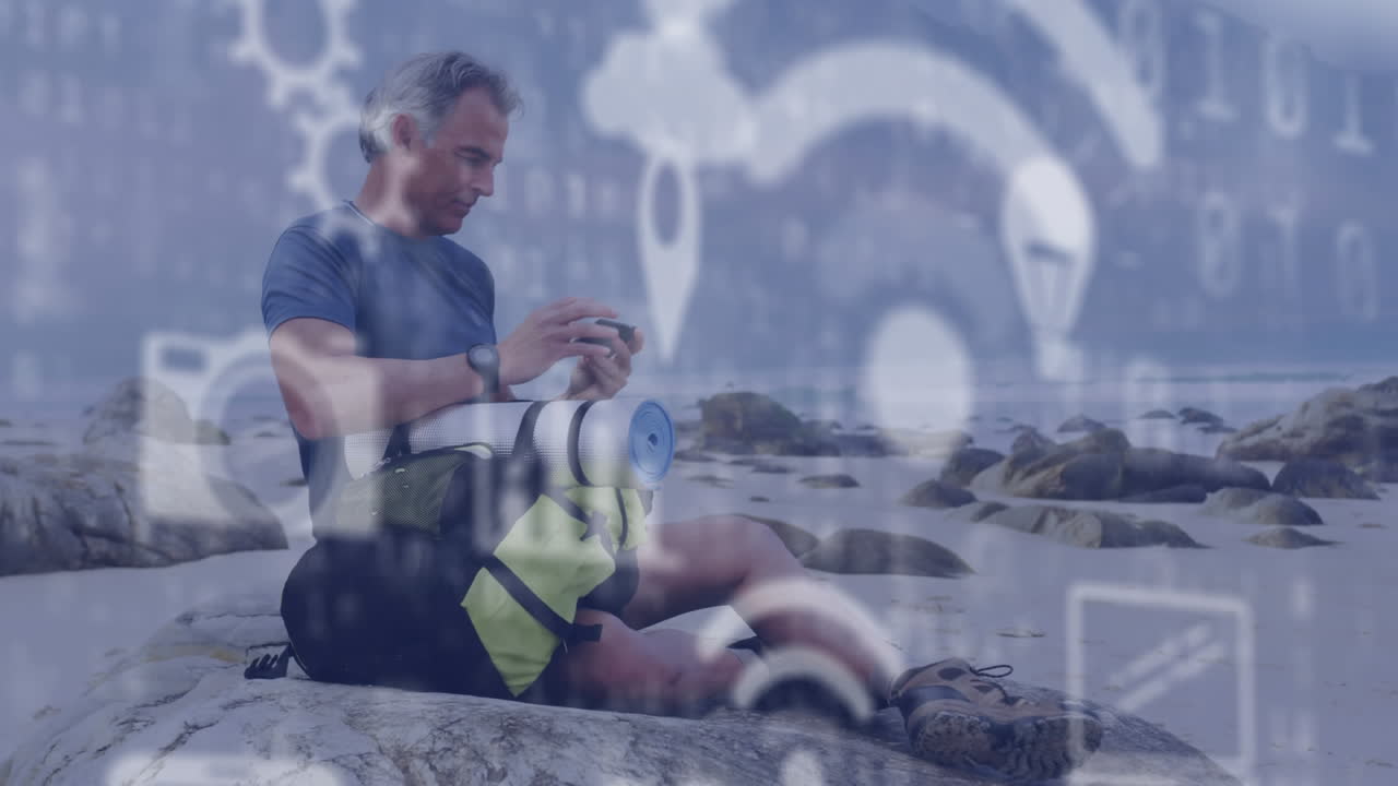 디지털 온라인 아이콘과 바이너리 코딩의 애니메이션 스마트 폰을 사용하여 해변에 의해 고령자