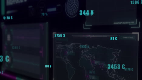datos financieros y animación del mapa del mundo sobre un fondo oscuro con símbolos de divisas