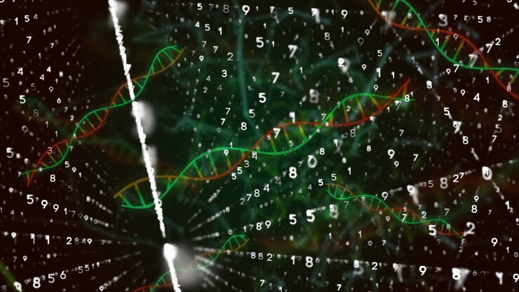 DNA strands and numbers intertwining in complex scientific data animation