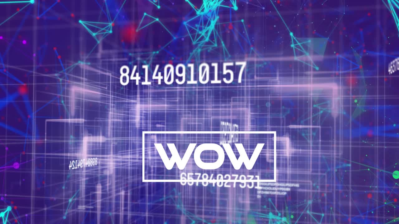 Animation of wow over data processing and violet background
