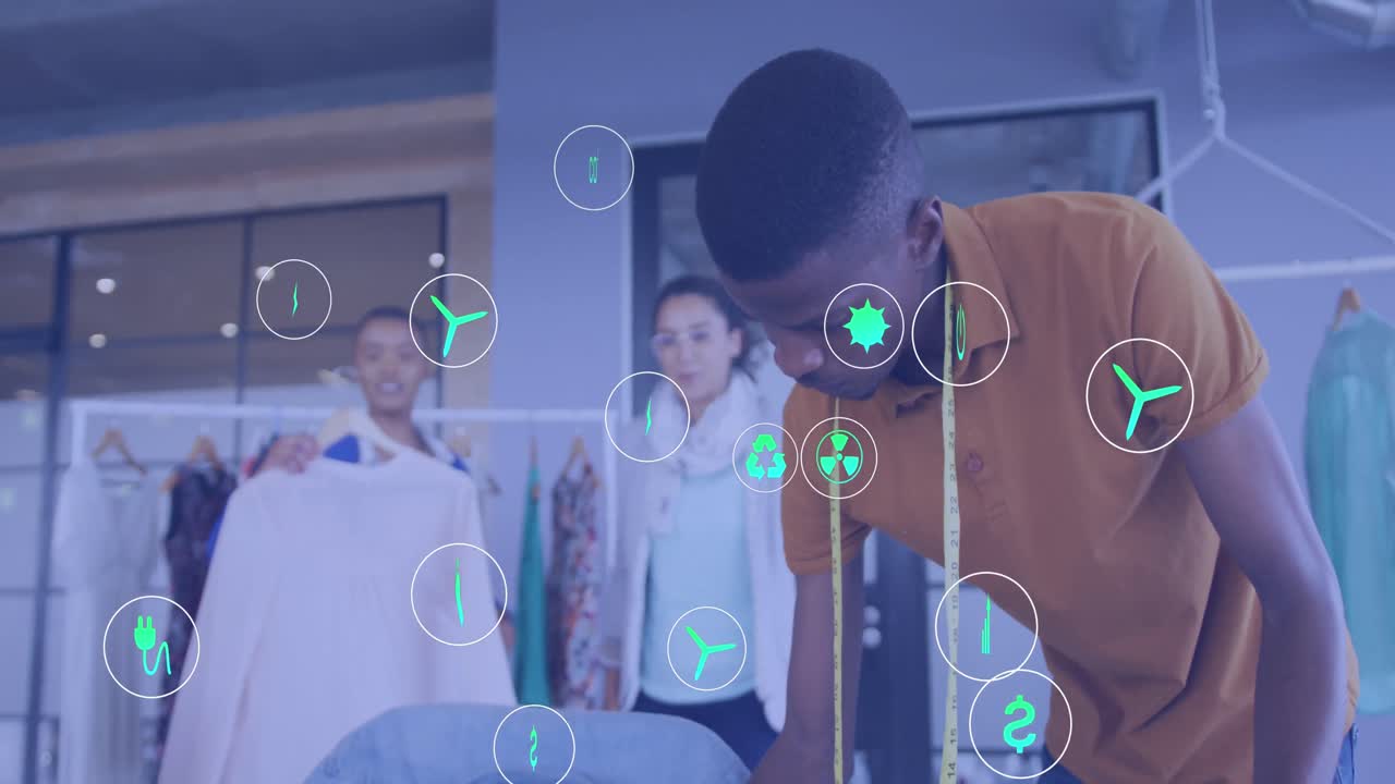 사무실에서 다양한 비즈니스 사람들 위에 아이콘의 애니메이션.