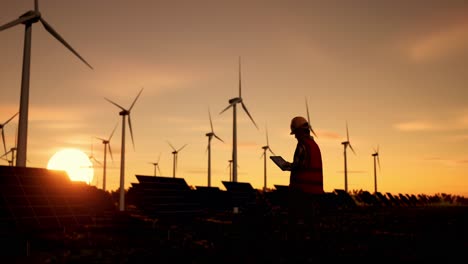 ingeniero inspeccionando una granja de energía renovable al atardecer