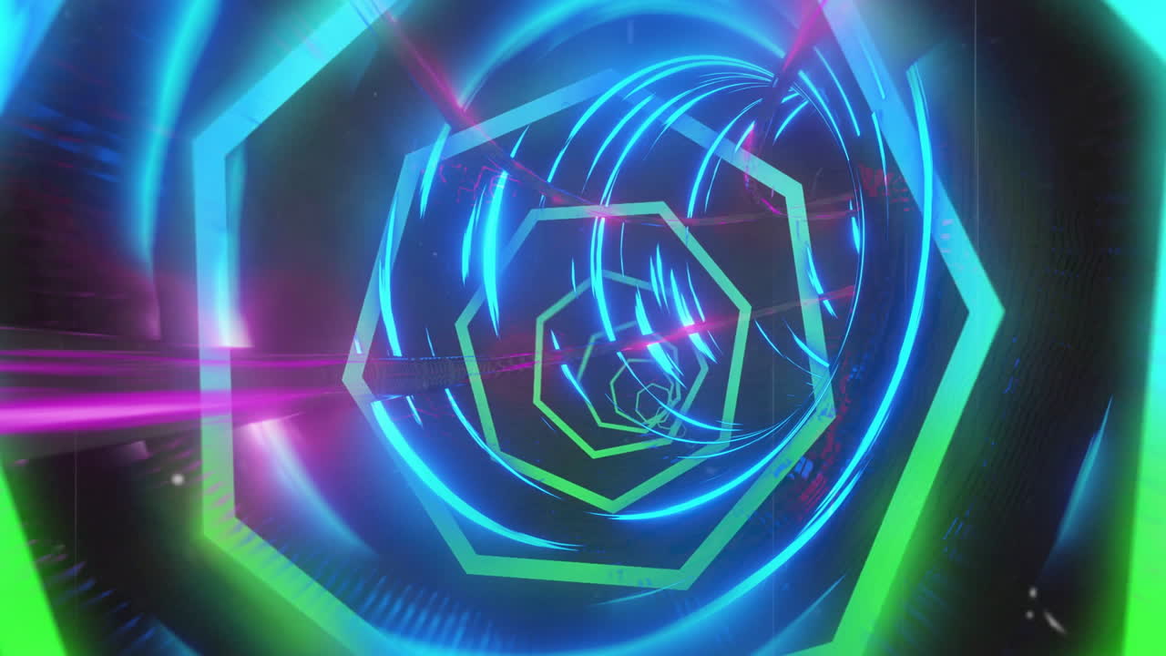 Animation of neon hexagonal tunnel with glowing blue and green lights creating depth