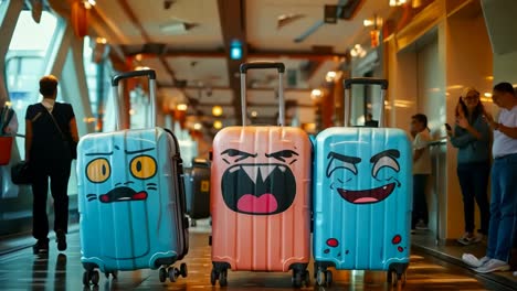 tres maletas con caras pintadas en ellos en un aeropuerto