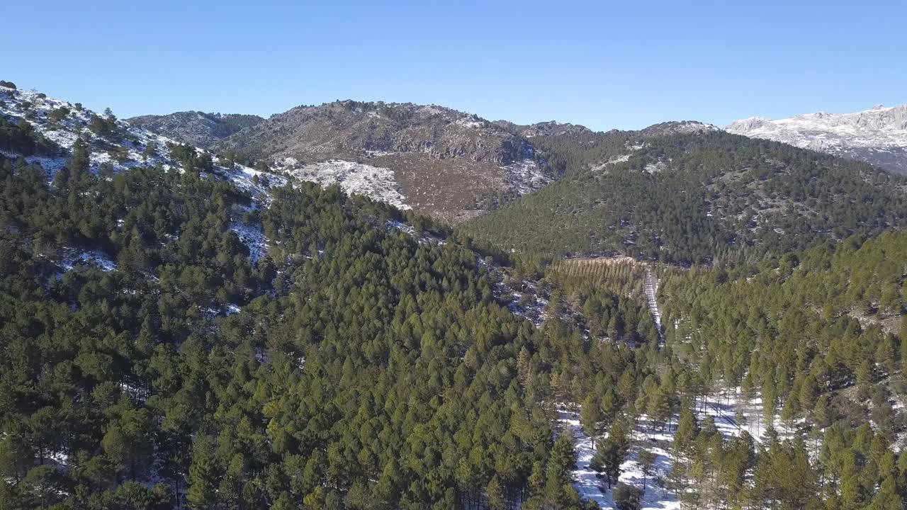 vista aérea de colinas nevadas llenas de pinos con una carretera en el medio en el sur de españa.