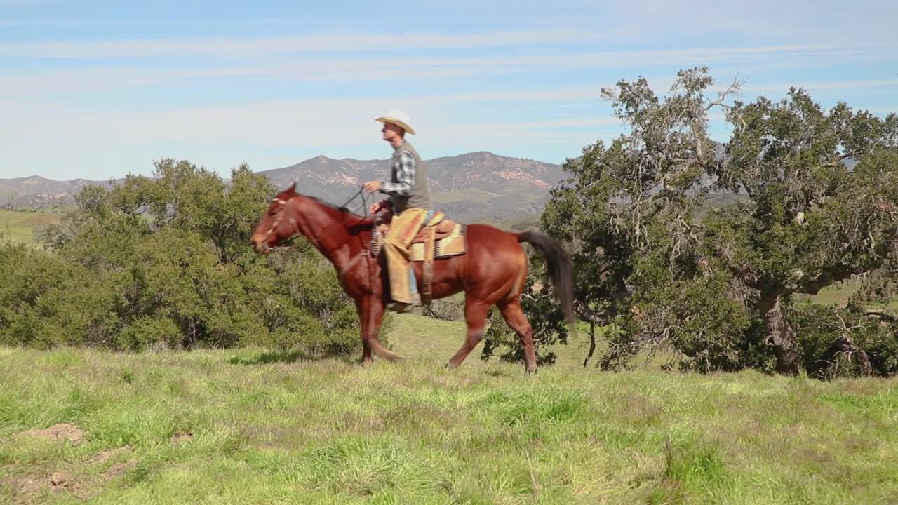 sentado alto en su caballo, el vaquero estimula a su caballo para moverse a través del marco como la cámara dolly es hacia un granero en la distancia