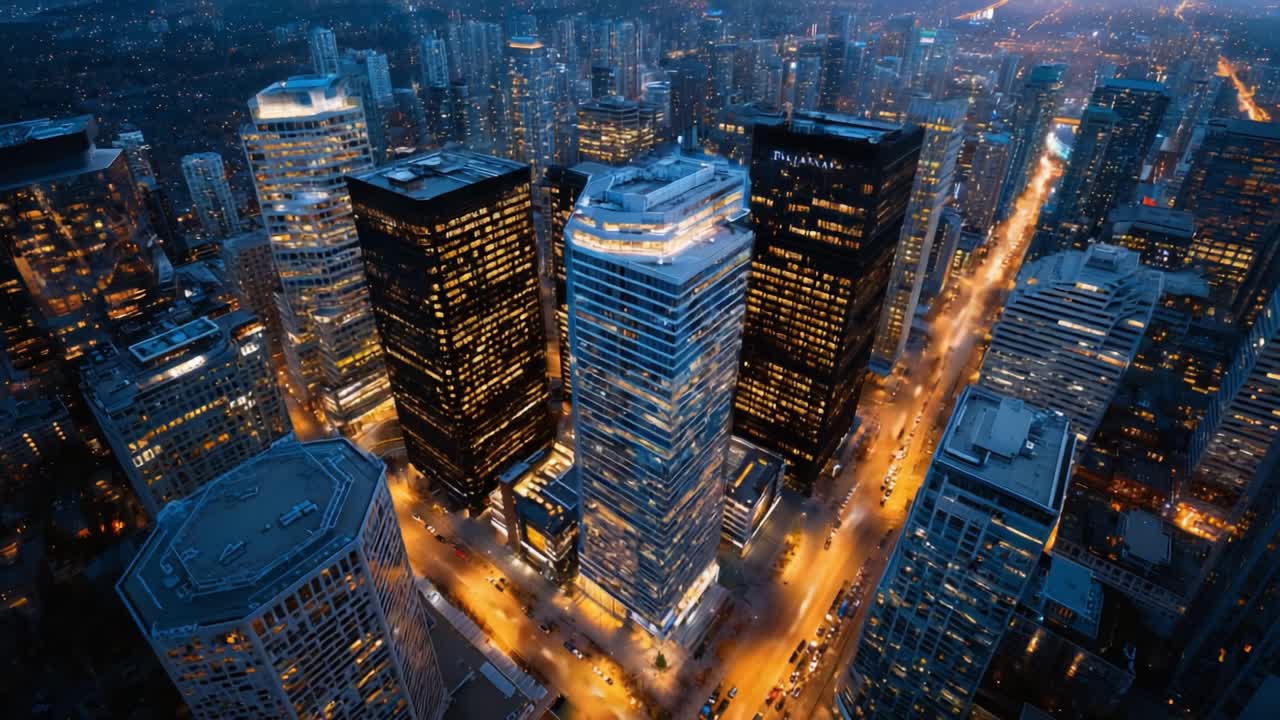 Aerial View of a Vibrant City Skyline at Night, Showcasing Illuminated High-Rise Buildings and Busy City Streets Radiating Warmth and Energy in Urban Environment