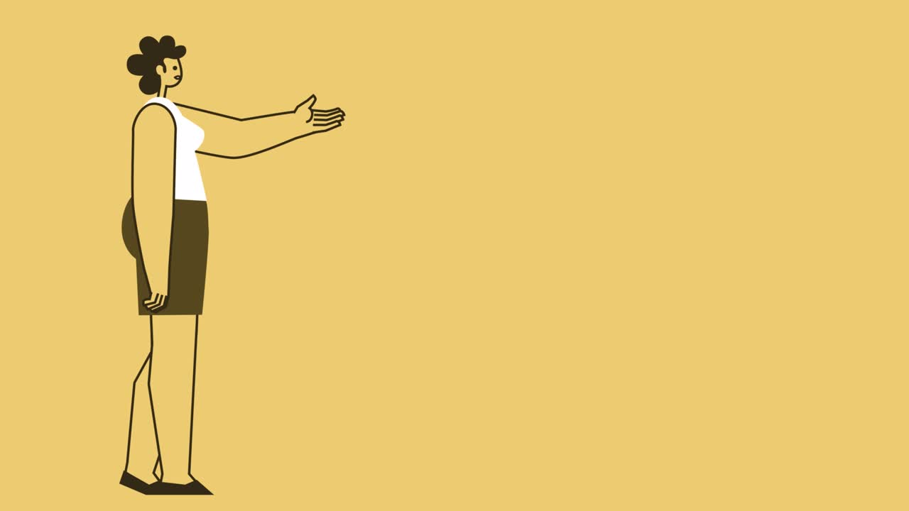 노란색 스타일의 평평한 여성 캐릭터는 노란색 배경에서 알파 채널과 함께 고립된 루프 애니메이션을 보여줍니다.