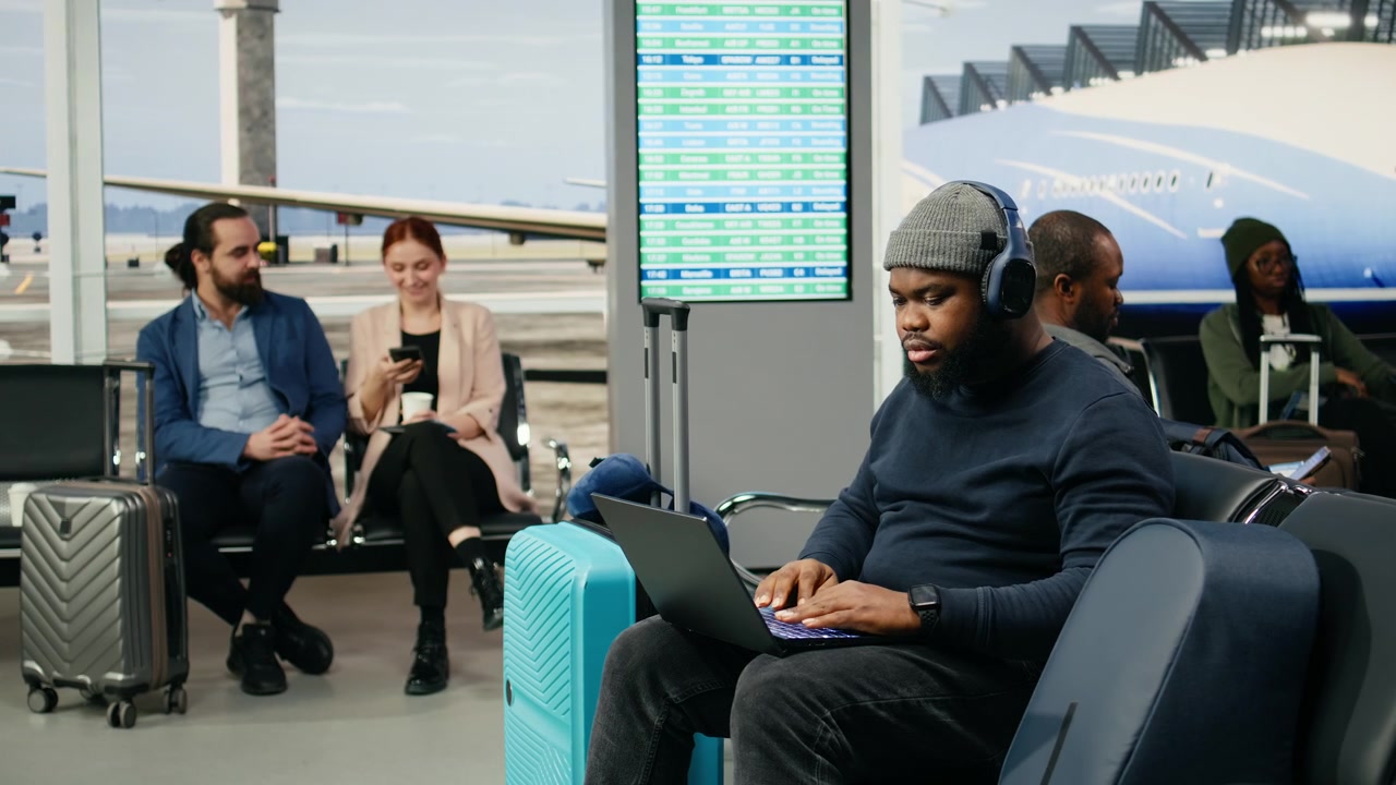 Lavoratore afroamericano che usa il laptop in aeroporto, indossando un abbigliamento casual.