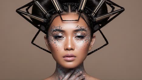 stunning beauty in artistic makeup: a model showcasing intricate hair and sparkling facial artistry with unique headpiece and glamorous style