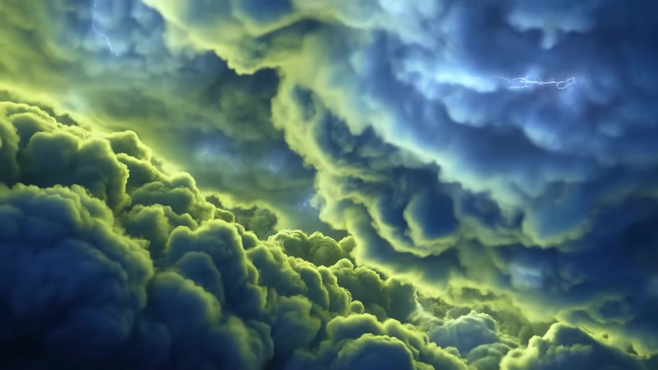 Formazioni nuvolose in movimento si spostano lentamente attraverso tonalità di blu scuro e verde muschio mentre una brillante illuminazione gialla traccia contorni morbidi, creando profondità stratificata e movimento turbolento attraverso l'inquadratura