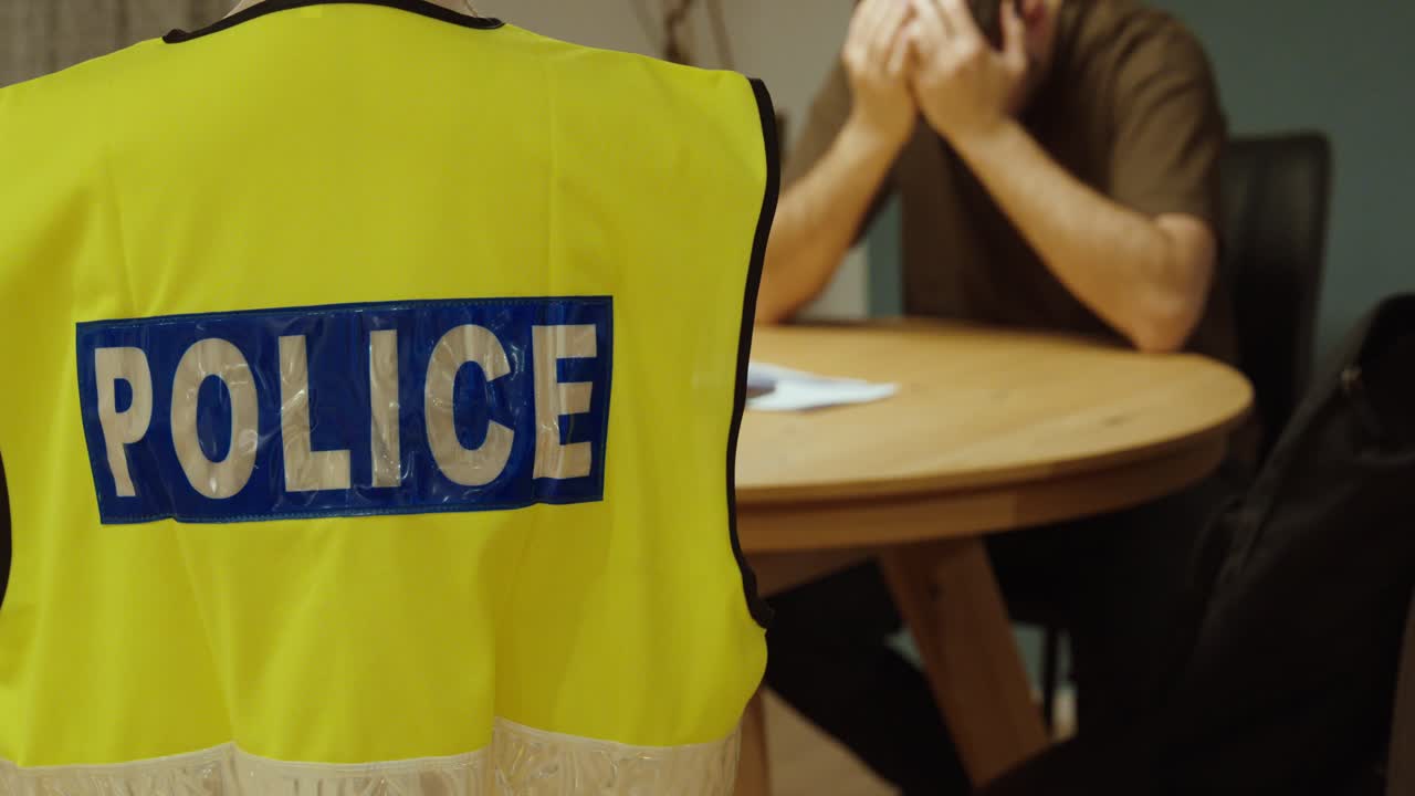 police vest in the foreground while a civilian files a report at a desk inside a police station. Concept of crime reporting, legal procedure, law enforcement documentation, and official investigation