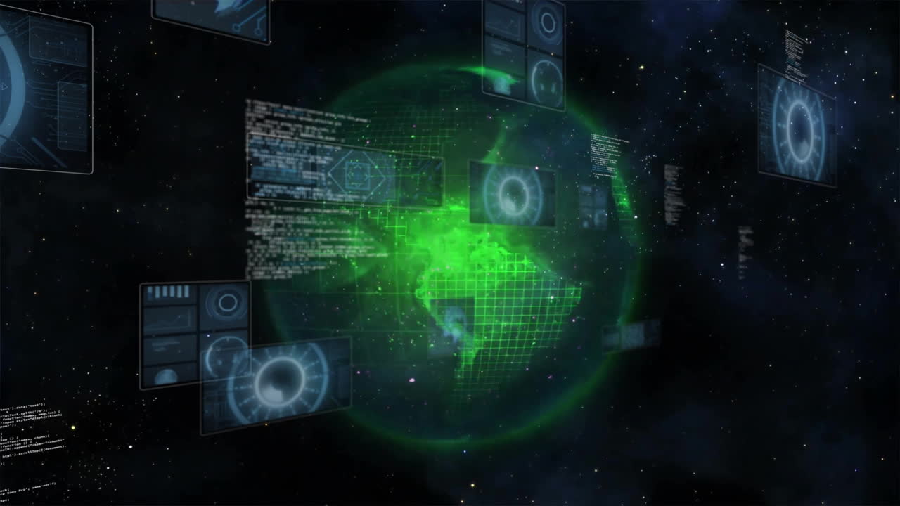 Digital data interfaces surrounding glowing green Earth in space animation