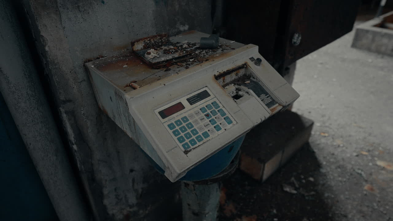 Abandoned and Damaged Electronic Keypad on Concrete Wall