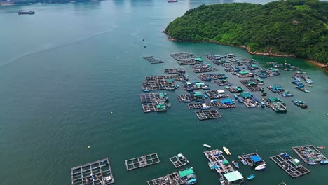 Aerial-over-the-fishing-boats-and-rafts-of-the-fish-farms-on-Ma-Wan-island,-Hong-Kong,-China