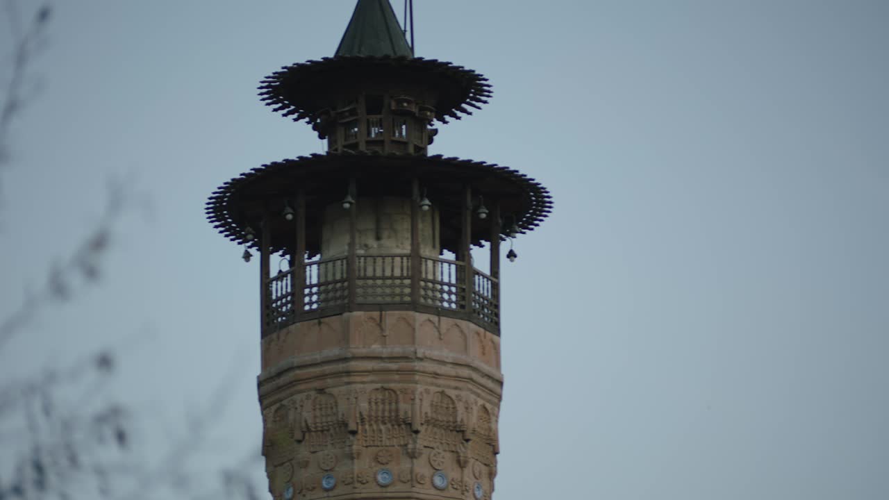 minarete de la mezquita con ramas de árbol y techo de madera