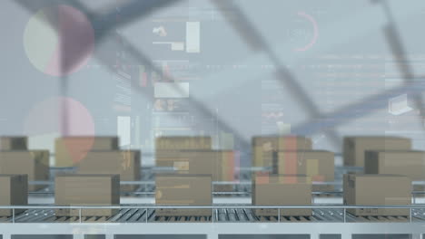 statistical data processing over multiple delivery boxes on conveyor belt against warehouse