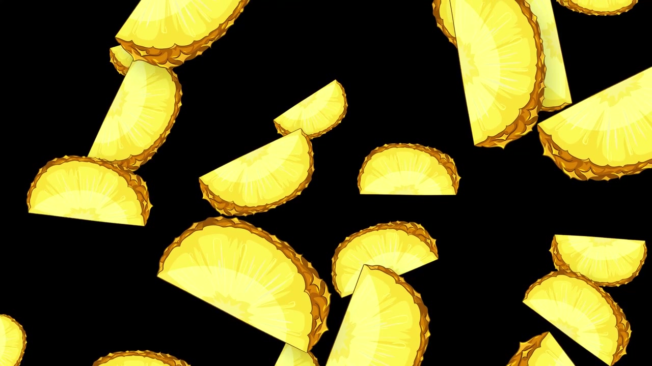 Slices of fresh pineapple fall through the frame against a solid black background.