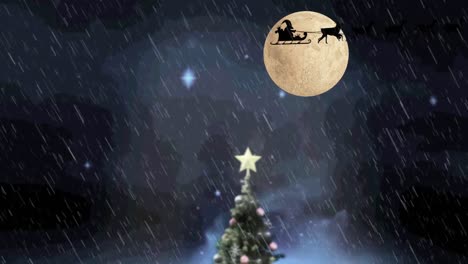 animation of santa claus in sleigh with reindeer over christmas tree and moon