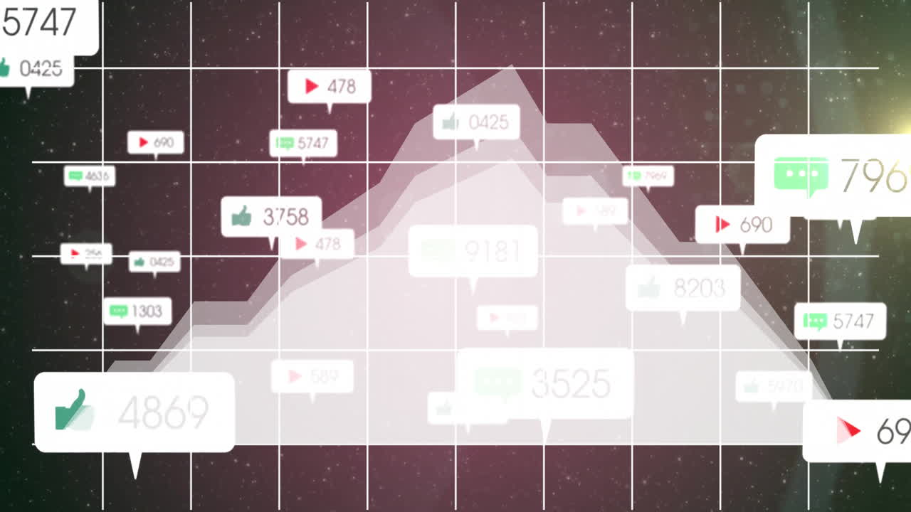 Visualizing digital mountain chart showing social metrics over starfield grid, highlighting icons