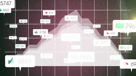 visualizing digital mountain chart showing social metrics over starfield grid, highlighting icons