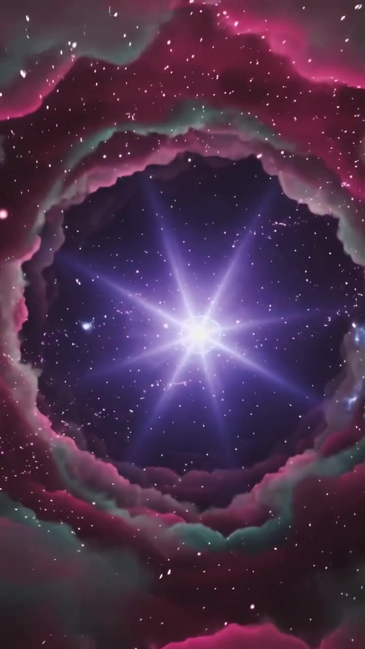 Video verticale: Esplosione scintillante, nucleo che forma un anello di nebulosa con archi viola nel cosmo, rivelando una stella.