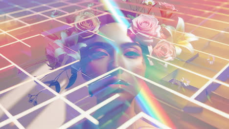 surreal portrait of a woman adorned with flowers and prismatic light