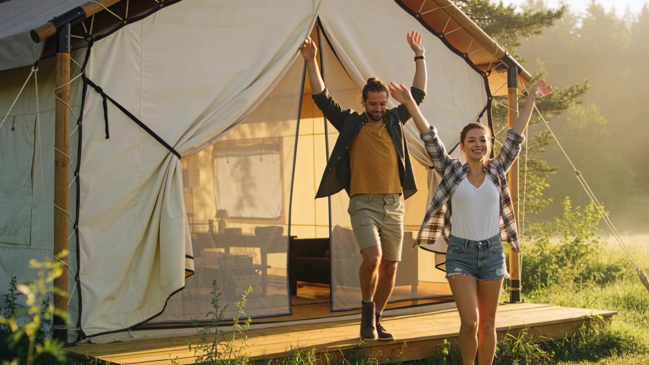 Coppia in abiti da campeggio esce da una tenda glamping, alzando le braccia su una terrazza in legno per salutare l'alba.