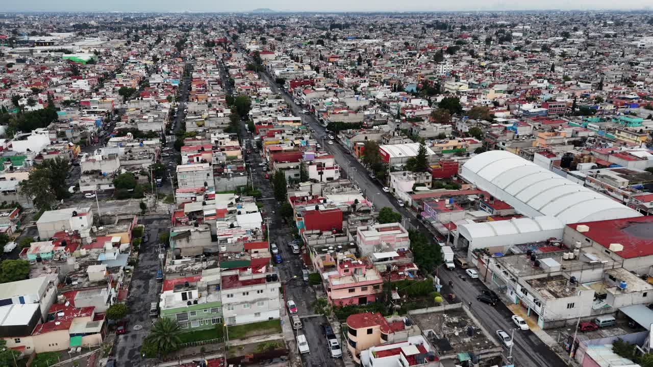 Drone footage of the rooftops in a popular neighborhood in Ecatepec, Mexico